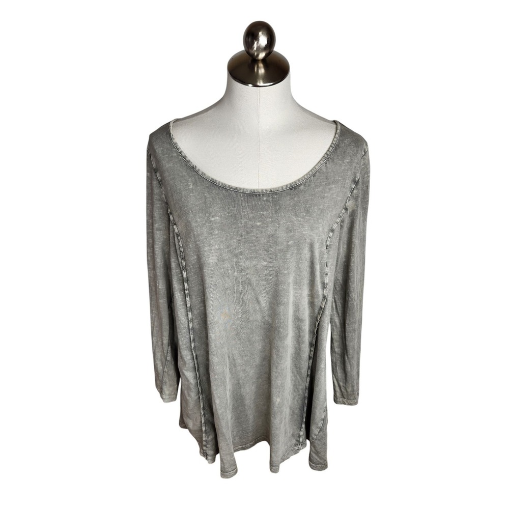 Soft Surroundings Tunic Top Women L Gray Acid Wash Lace Button Back Boho Chic